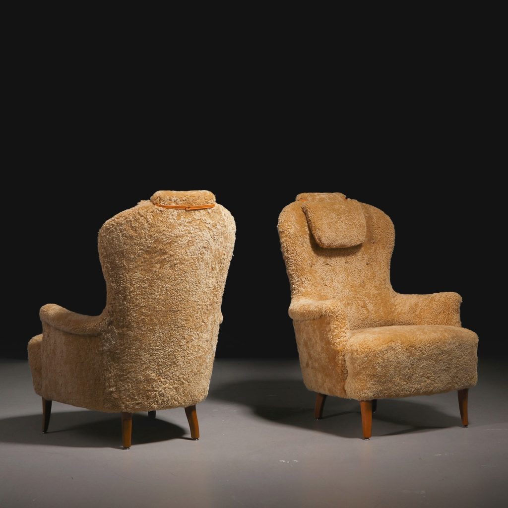 Carl Malmsten "Farmor" Armchairs in Sheepskin, 1950s