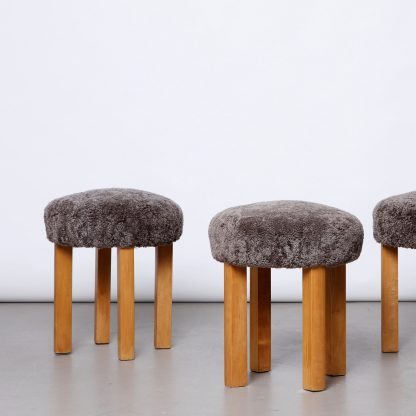 Set of 3 Swedish Modern Stools in Sahara Sheepskin, 1940s - Image 2