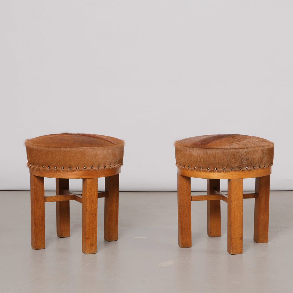 Pair of Danish Stools in Wood and Cowhide, 1940s