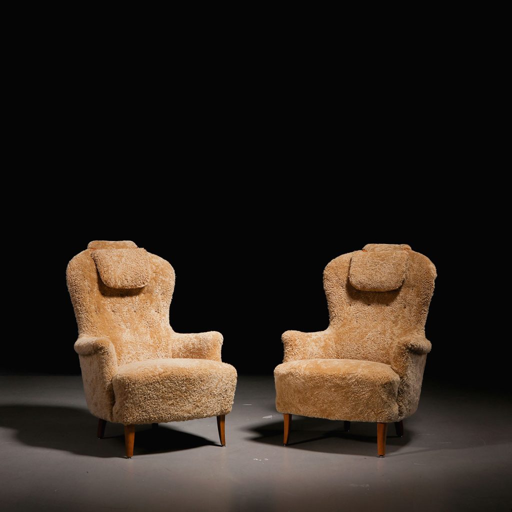 Carl Malmsten 'Farmor' Armchairs in Sheepskin, 1950s