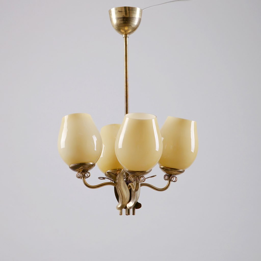 Itsu Oy Ceiling Lamp in Brass and Opaline Glass, 1950s
