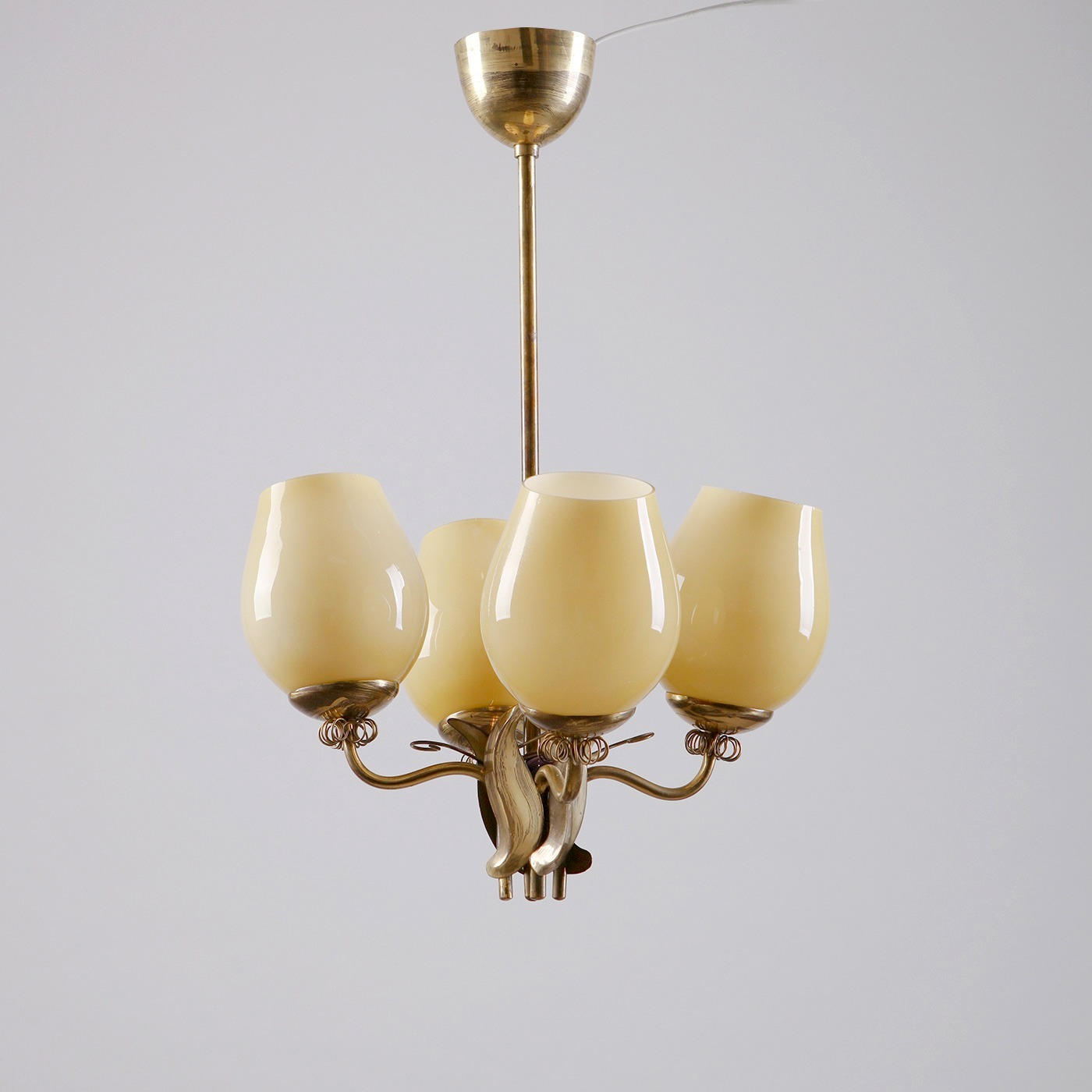 Itsu Oy Ceiling Lamp in Brass and Opaline Glass, 1950s